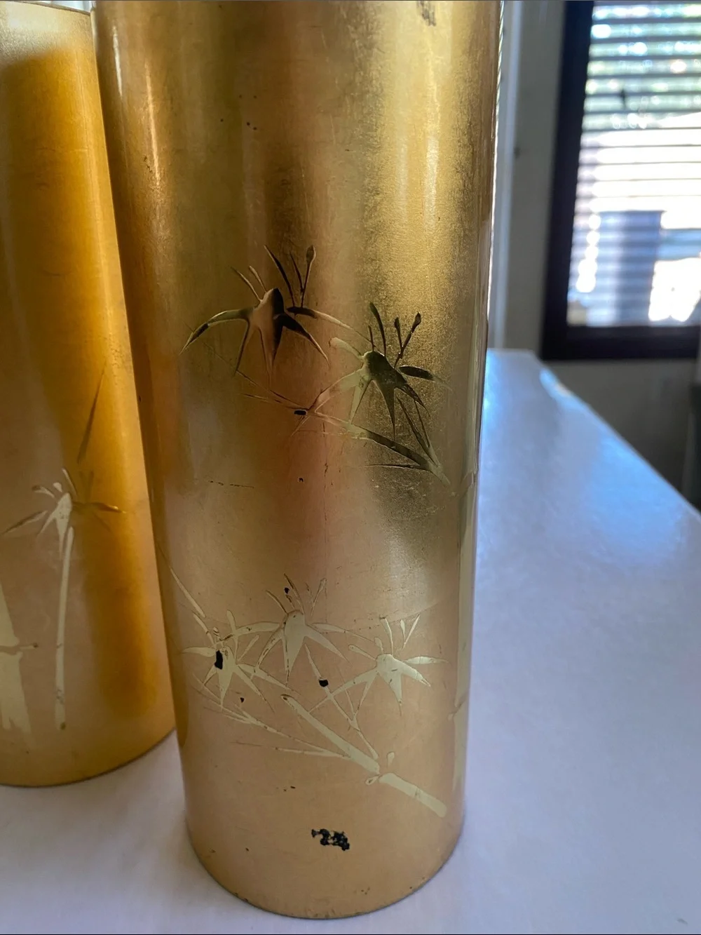 OMC Gold Bamboo Decorative Cylindrical 9”x3.25” Vase Pair - Home Accents